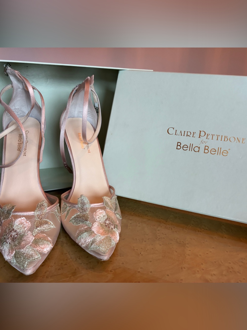 Claire Pettibone for Bella Belle Pink Floral Embroidered Slingback Heels